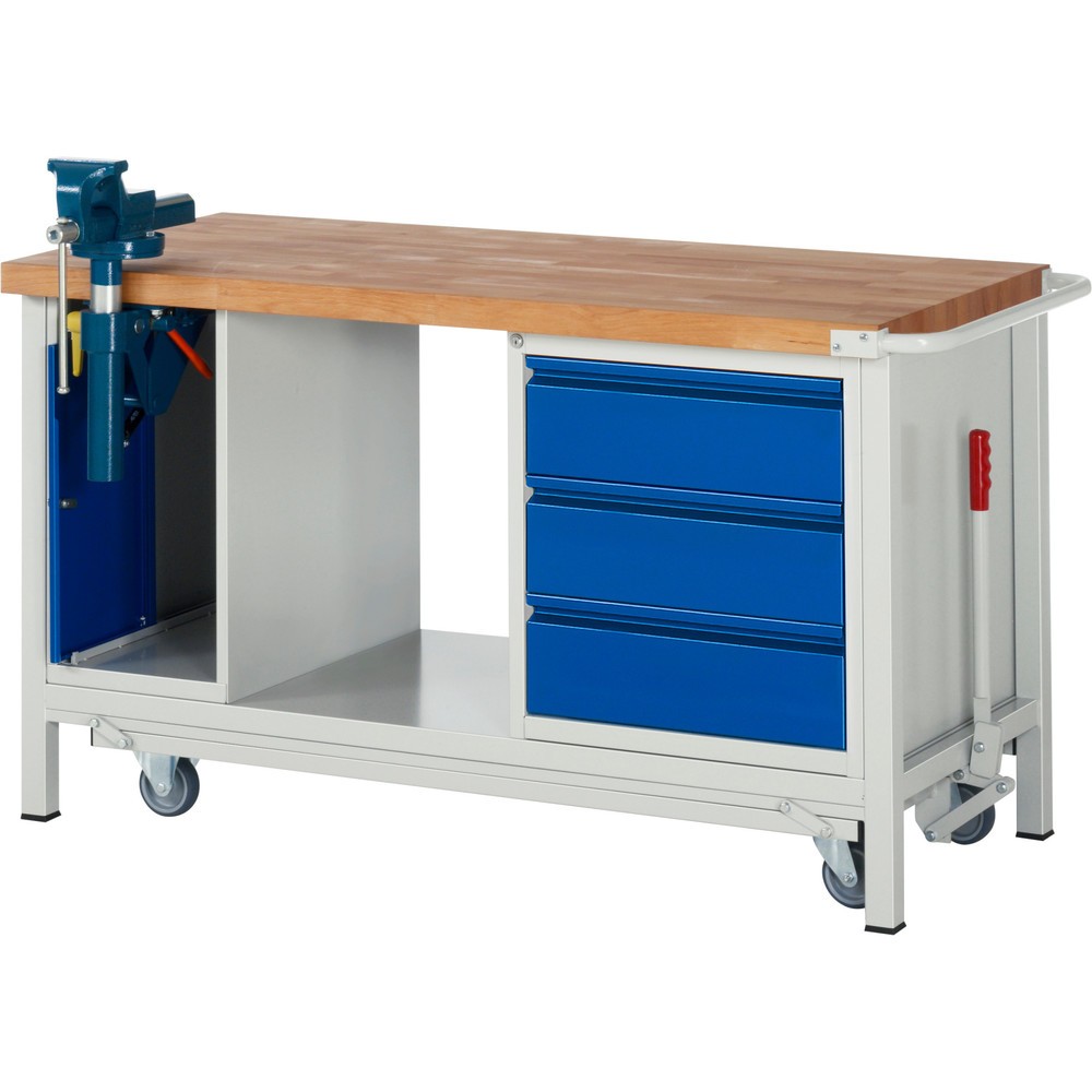 Illustration du produit: RAU Établi série 8000 avec rouleur abaissable, 2 caissons, 1 tablette, HxlxP 880 x 1 500 x 700 mm, 3 tiroirs extractibles à 90%