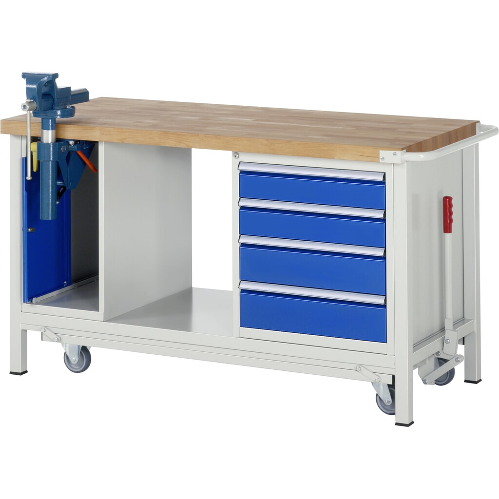 N° de l'image du produit 1 : RAU Établi avec châssis série 8000, HxlxP 880 x 1 500 x 700 mm, 1 caisson sous plateau, avec 4 tiroirs et un étau escamotable