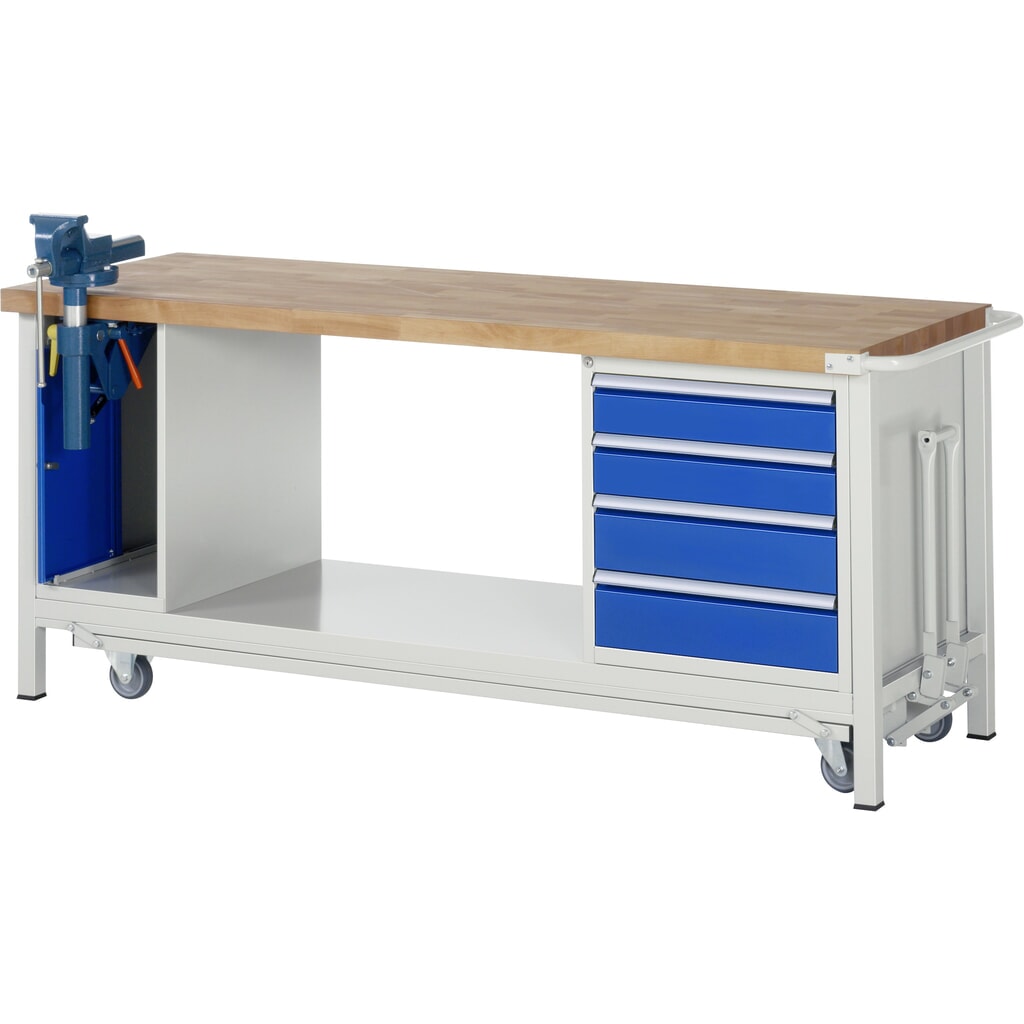 N° de l'image du produit 1 : RAU Établi avec châssis série 8000, HxlxP 880 x 2 000 x 700 mm, 1 caisson sous plateau, avec 4 tiroirs et un étau escamotable