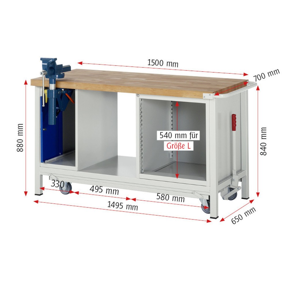 Numéro de l'image du produit 11: RAU Établi série 8000 avec rouleur abaissable, 2 caissons, 1 tablette, HxlxP 880 x 1 500 x 700 mm, 3 tiroirs extractibles à 90%