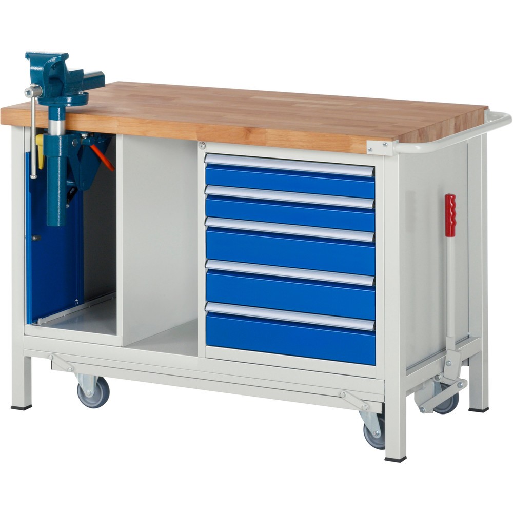 Numéro de l'image du produit 1: RAU Établi série 8000 avec rouleur abaissable, 2 caissons, 1 tablette, HxlxP 880 x 1 250 x 700 mm, 5 tiroirs extractibles à 90%