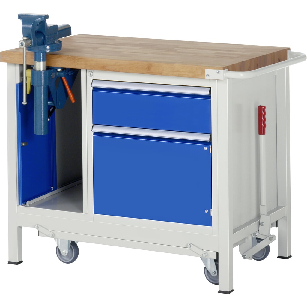 RAU Établi avec châssis série 8000, HxlxP 880 x 1 000 x 700 mm, 1 caisson sous plateau, avec 1 porte battante, 1 tiroir et un étau escamotable Illustration du produit: RAU Établi avec châssis série 8000, HxlxP 880 x 1 000 x 700 mm, 1 caisson sous plateau, avec 1 porte battante, 1 tiroir et un étau escamotable