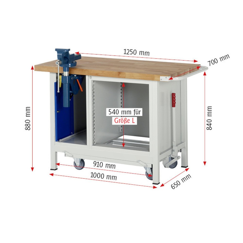 Numéro de l'image du produit 11: RAU Établi série 8000 avec rouleur abaissable, 2 caissons, HxlxP 880 x 1 250 x 700 mm, 3 tiroirs extractibles à 90%