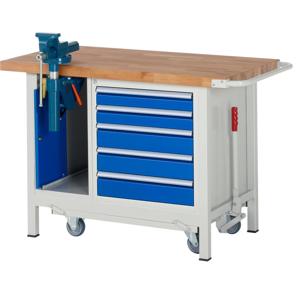 Numéro de l'image du produit 1: RAU Établi série 8000 avec rouleur abaissable, 2 caissons, HxlxP 880 x 1 250 x 700 mm, 5 tiroirs 2 x 90 mm, 3 x 120 mm