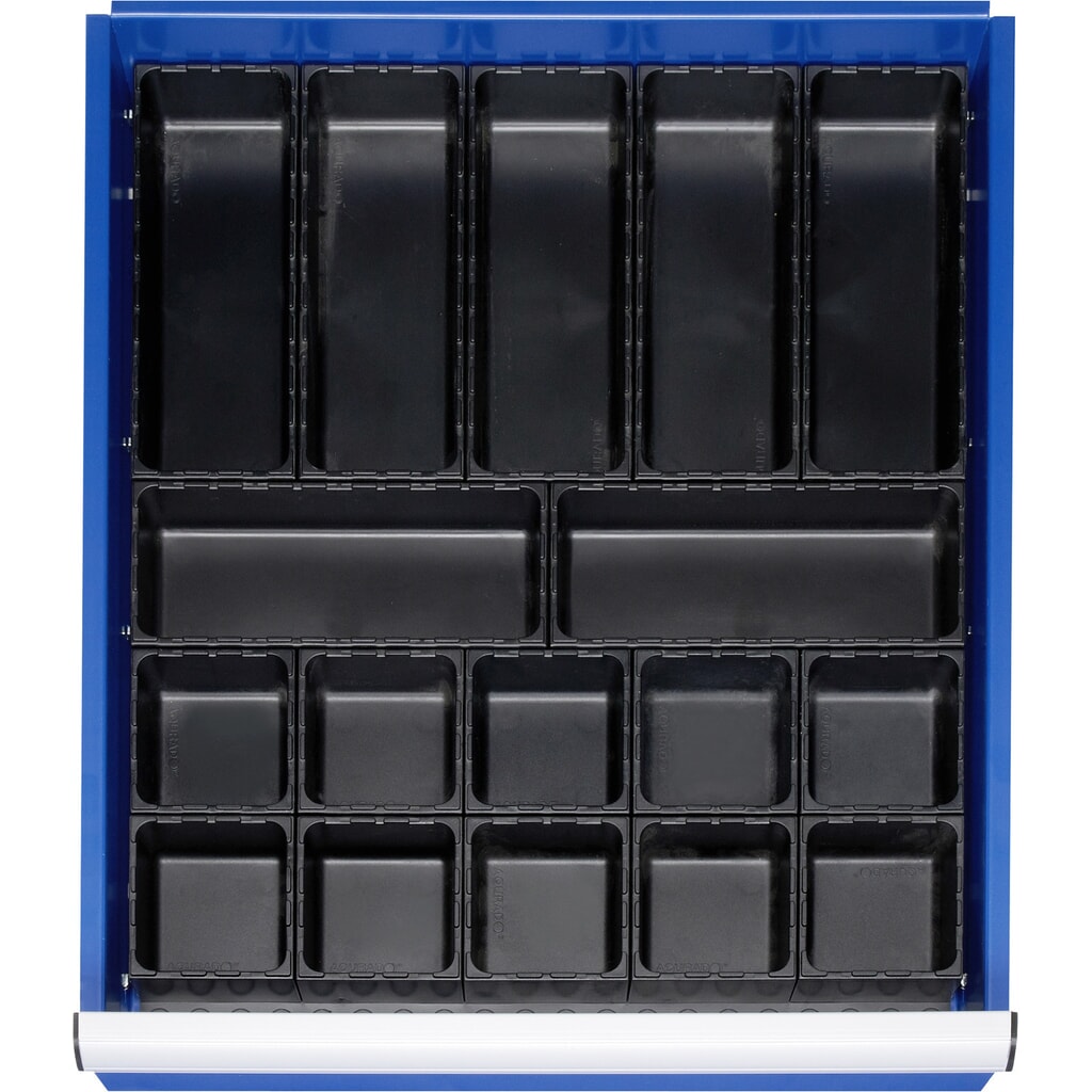 RAU Jeu de compartimentage pour tiroir, HxlxP 48 x 490 x 560 mm, avec plaque de fond et 10 casiers, taille L pour hauteur de façade 60-360 mm Illustration du produit: RAU Jeu de compartimentage pour tiroir, HxlxP 48 x 490 x 560 mm, avec plaque de fond et 10 casiers, taille L pour hauteur de façade 60-360 mm