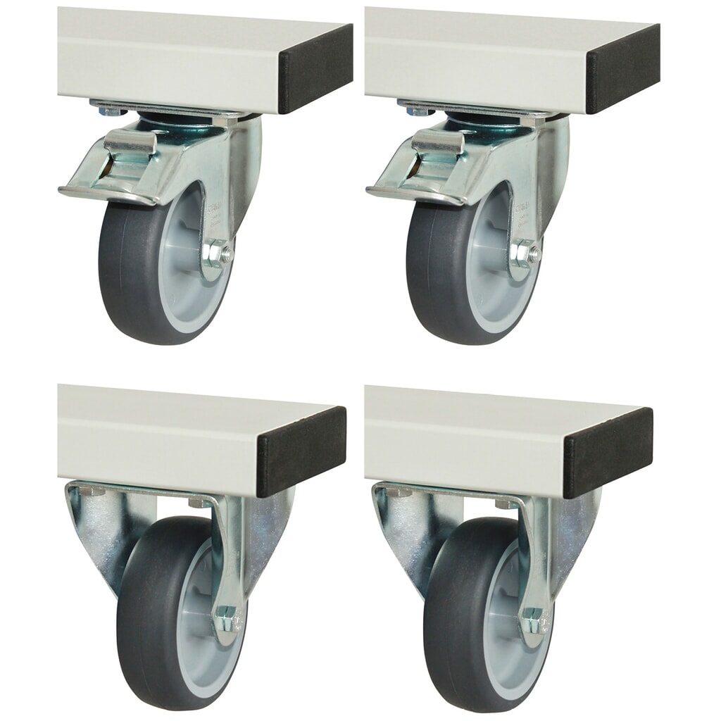 RAU Jeu de roulettes pour établi série adlatus 300/600, HxlxP 125 x 100 x 30 mm, 2 roues fixes et 2 roues directrices avec dispositif de blocage Illustration du produit: RAU Jeu de roulettes pour établi série adlatus 300/600, HxlxP 125 x 100 x 30 mm, 2 roues fixes et 2 roues directrices avec dispositif de blocage