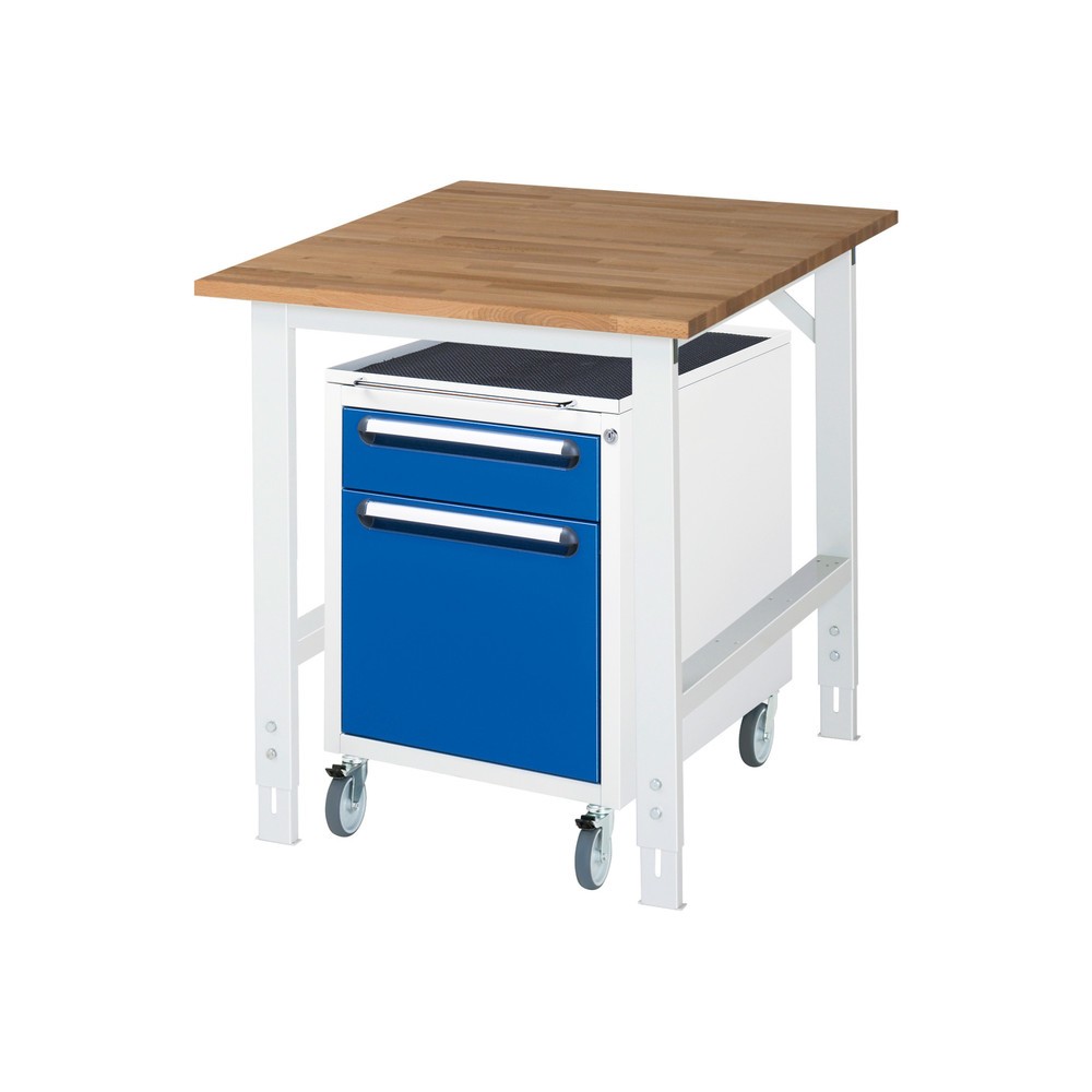 Numéro de l'image du produit 1: RAU Kit d'atelier TOM en 2 parties, avec établi, Hxlxp 760-1 080 x 750 x 1 000 mm, Plan de travail en hêtre massif, incl. caisson à roulettes avec 2 tiroirs, HxlxP 690 x 480 x 600 mm