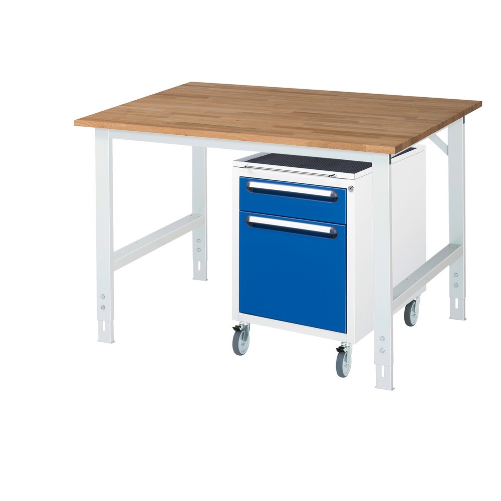 Numéro de l'image du produit 1: RAU Kit d'atelier TOM en 2 parties, avec établi, Hxlxp 760-1 080 x 1 250 x 1 000 mm, Plan de travail en hêtre massif, incl. caisson à roulettes avec 2 tiroirs, HxlxP 690 x 480 x 600 mm