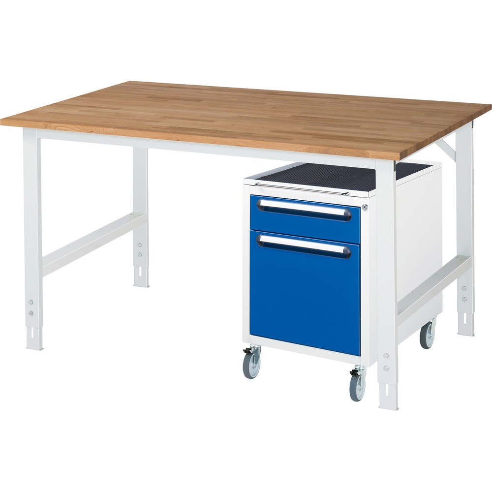Numéro de l'image du produit 1: RAU Kit d'atelier TOM en 2 parties, avec établi, Hxlxp 760-1 080 x 1 500 x 1 000 mm, Plan de travail en hêtre massif, incl. caisson à roulettes avec 2 tiroirs, HxlxP 690 x 480 x 600 mm