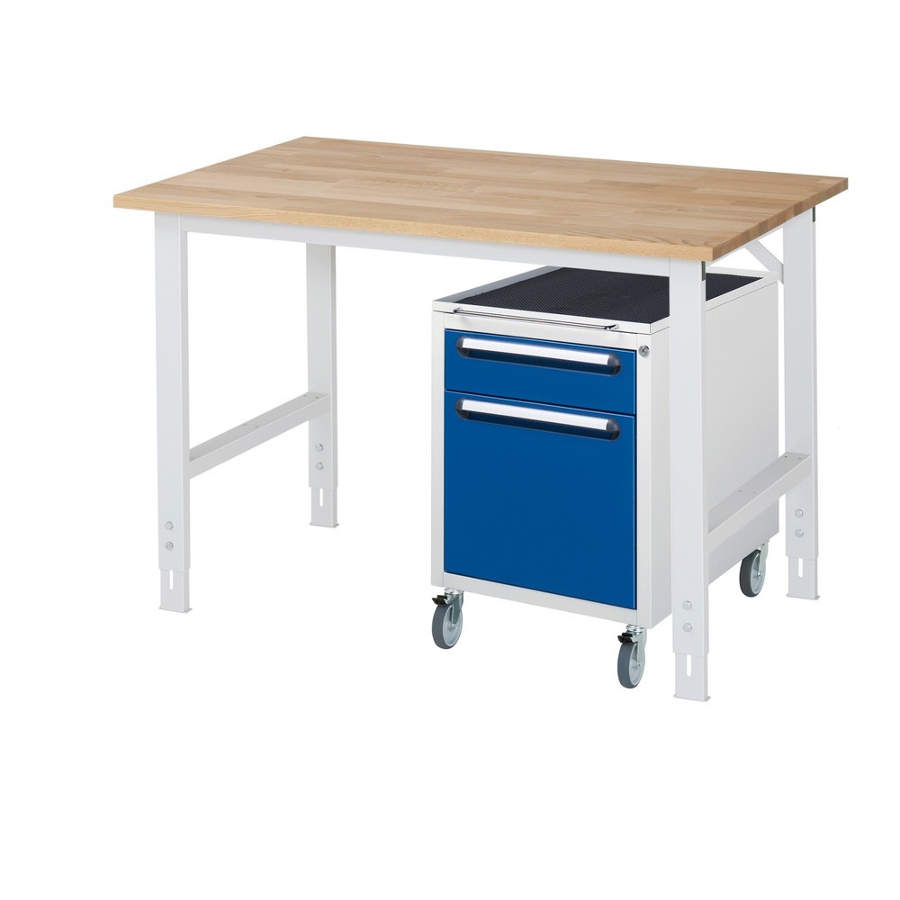 Numéro de l'image du produit 1: RAU Kit d'atelier TOM en 2 parties, avec établi, Hxlxp 760-1 080 x 1 250 x 800 mm, Plan de travail en hêtre massif, incl. caisson à roulettes avec 2 tiroirs, HxlxP 690 x 480 x 600 mm