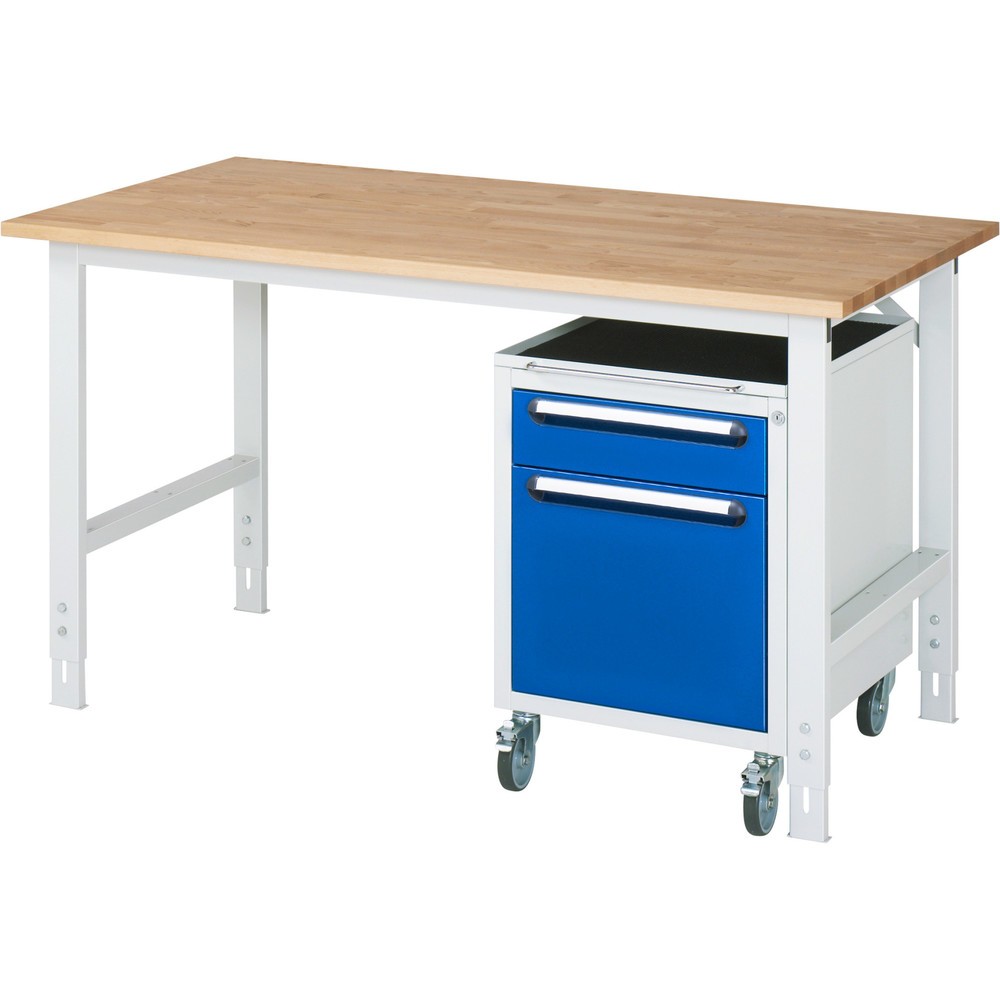 Numéro de l'image du produit 1: RAU Kit d'atelier TOM en 2 parties, avec établi, Hxlxp 760-1 080 x 1 500 x 800 mm, Plan de travail en hêtre massif, incl. caisson à roulettes avec 2 tiroirs, HxlxP 690 x 480 x 600 mm