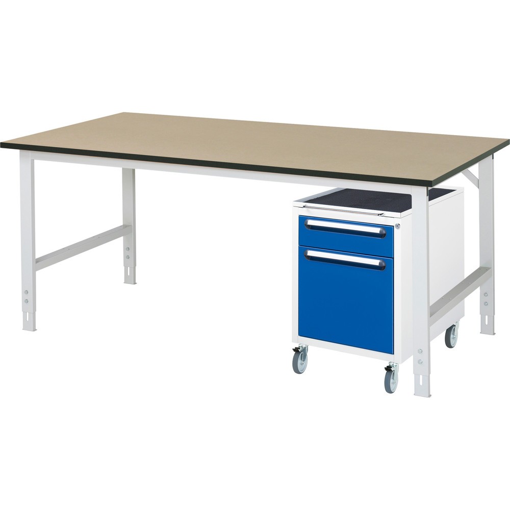 Numéro de l'image du produit 1: RAU Kit d'atelier TOM en 2 parties, avec table de travail, HxlxP 760-1 080 x 2 500 x 1 000 mm, plan de travail en MDF, incl. caisson à roulettes avec 2 tiroirs, HxlxP 690 x 480 x 600 mm