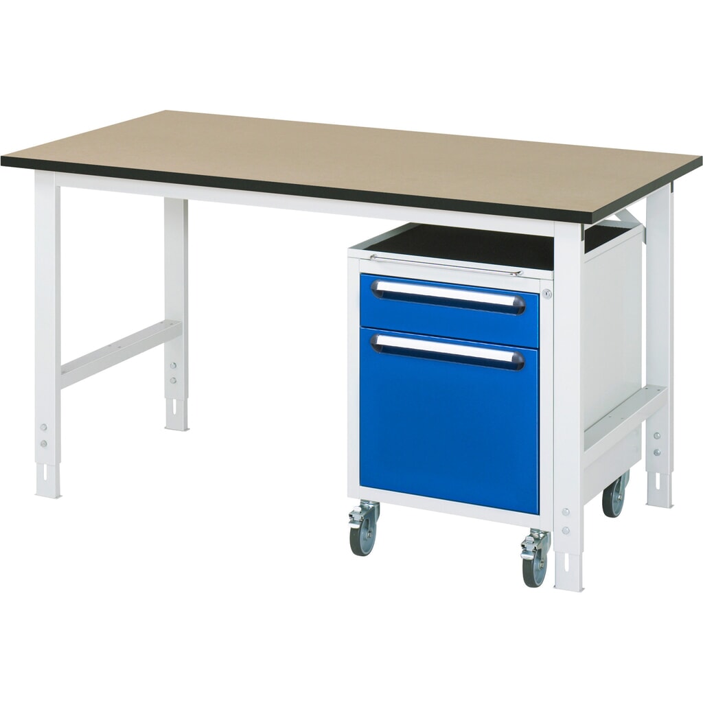 Illustration du produit: RAU Kit d'atelier TOM en 2 parties, avec table de travail, HxlxP 760-1 080 x 1 500 x 800 mm, plan de travail en MDF, incl. caisson à roulettes avec 2 tiroirs, HxlxP 690 x 480 x 600 mm