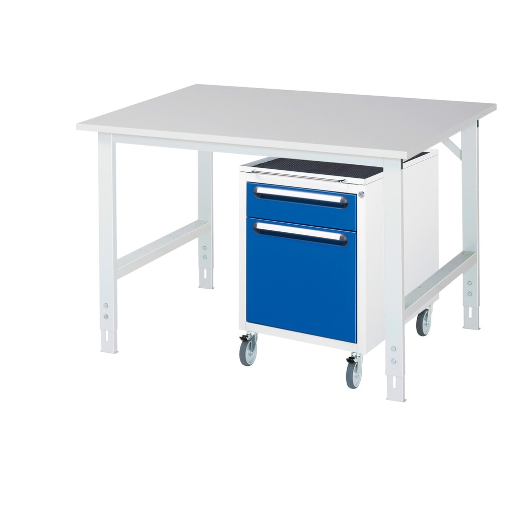 RAU Kit d'atelier TOM en 2 parties, avec table de travail, HxlxP 760-1 080 x 1 250 x 1 000 mm, plan de travail en mélamine, plus caisson à roulettes avec 2 tiroirs, HxlxP 690 x 480 x 600 mm Illustration du produit: RAU Kit d'atelier TOM en 2 parties, avec table de travail, HxlxP 760-1 080 x 1 250 x 1 000 mm, plan de travail en mélamine, plus caisson à roulettes avec 2 tiroirs, HxlxP 690 x 480 x 600 mm