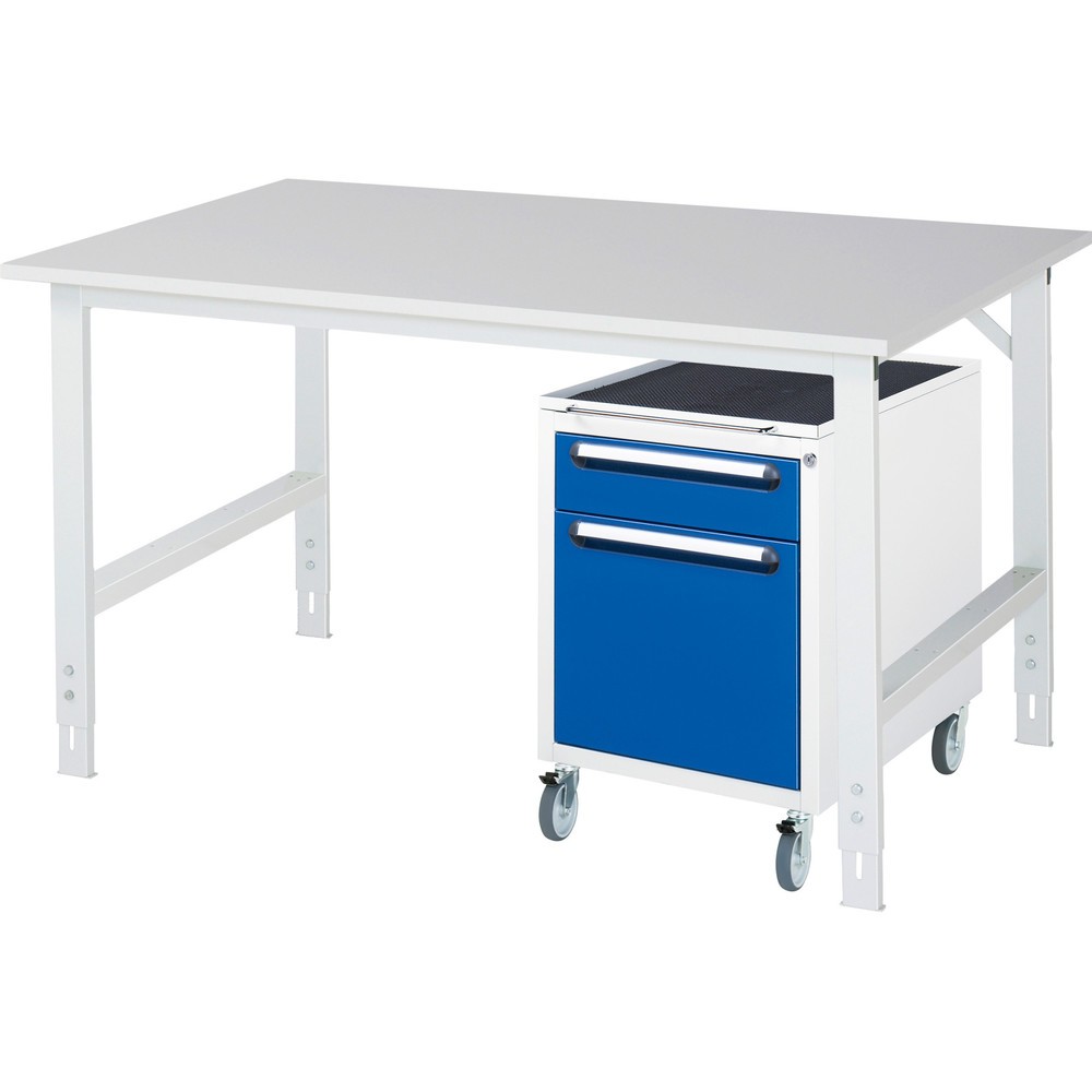 Numéro de l'image du produit 1: RAU Kit d'atelier TOM en 2 parties, avec table de travail, HxlxP 760-1 080 x 1 500 x 1 000 mm, plan de travail en mélamine, plus caisson à roulettes avec 2 tiroirs, HxlxP 690 x 480 x 600 mm