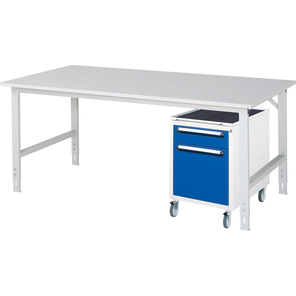 RAU Kit d'atelier TOM en 2 parties, avec table de travail, HxlxP 760-1 080 x 2 500 x 1 000 mm, plan de travail avec revêtement en mélamine, plus caisson à roulettes avec 2 tiroirs, HxlxP 690 x 480 x 600 mm Illustration du produit: RAU Kit d'atelier TOM en 2 parties, avec table de travail, HxlxP 760-1 080 x 2 500 x 1 000 mm, plan de travail avec revêtement en mélamine, plus caisson à roulettes avec 2 tiroirs, HxlxP 690 x 480 x 600 mm