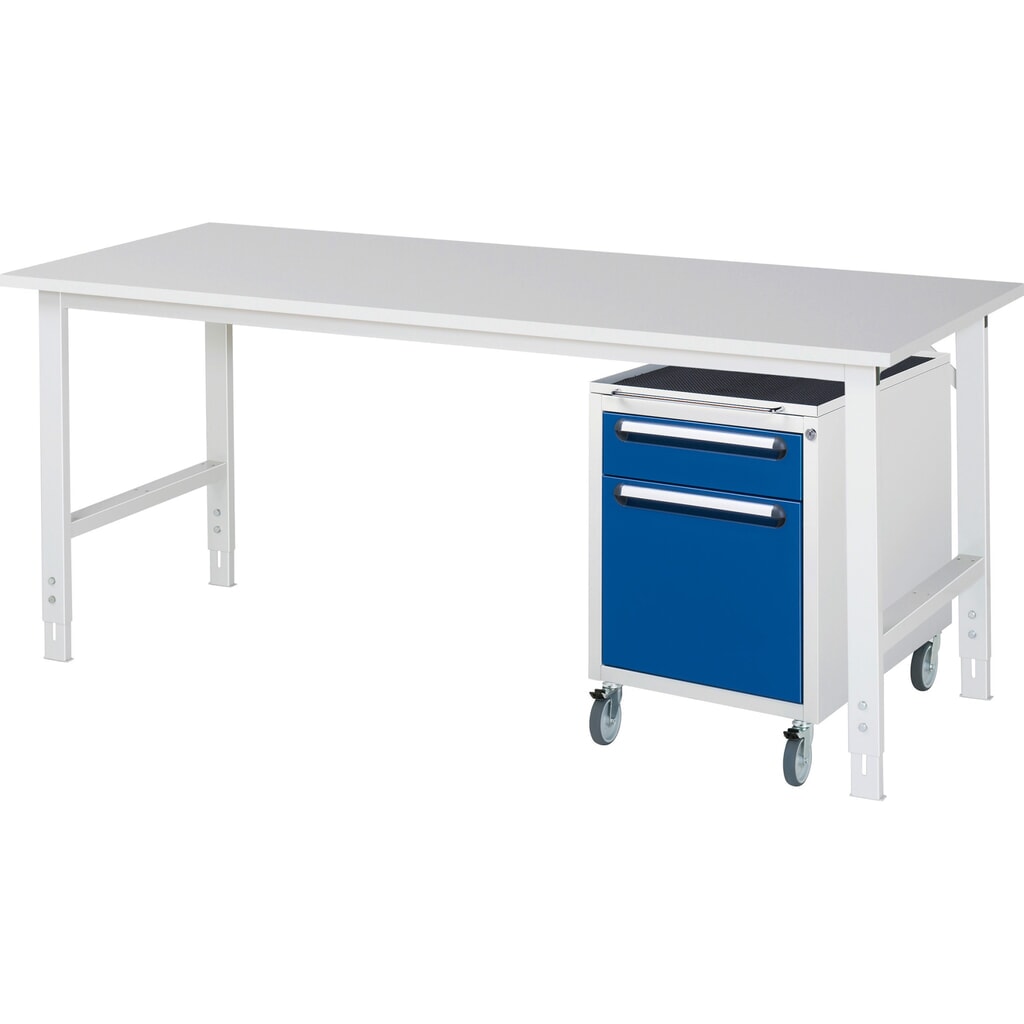 Illustration du produit: RAU Kit d'atelier TOM en 2 parties, avec table de travail, HxlxP 760-1 080 x 2 500 x 800 mm, plan de travail avec revêtement en mélamine, plus caisson à roulettes avec 2 tiroirs, HxlxP 690 x 480 x 600 mm