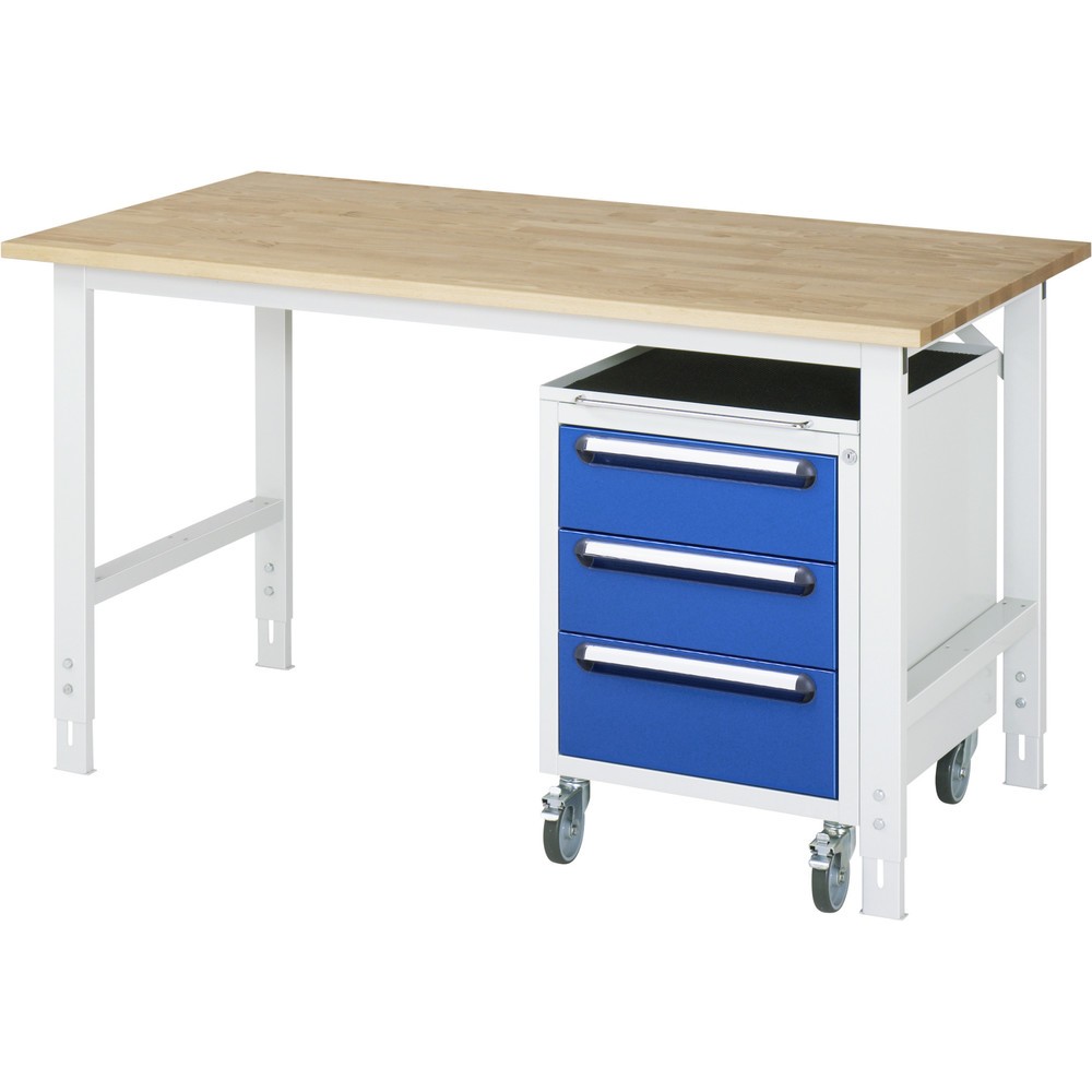 Numéro de l'image du produit 1: RAU Kit d'atelier TOM en 2 parties, avec établi, Hxlxp 760-1 080 x 1 500 x 800 mm, Plan de travail en hêtre massif, incl. caisson à roulettes avec 3 tiroirs, HxlxP 690 x 480 x 600 mm