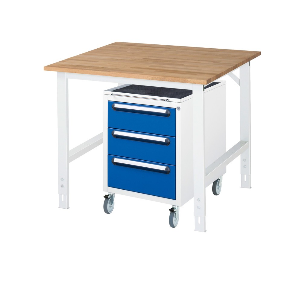 Numéro de l'image du produit 1: RAU Kit d'atelier TOM en 2 parties, avec établi, Hxlxp 760-1 080 x 1 000 x 1 000 mm, Plan de travail en hêtre massif, incl. caisson à roulettes avec 3 tiroirs, HxlxP 690 x 480 x 600 mm
