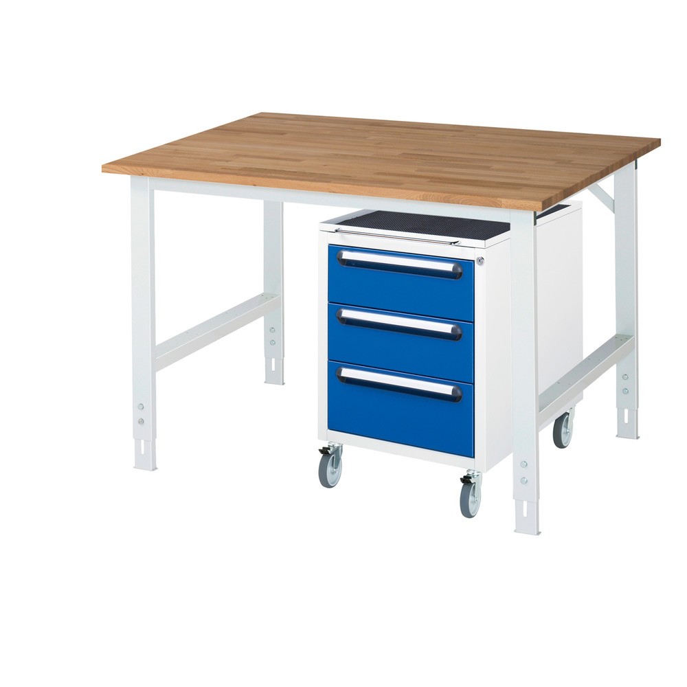 Numéro de l'image du produit 1: RAU Kit d'atelier TOM en 2 parties, avec établi, Hxlxp 760-1 080 x 1 250 x 1 000 mm, Plan de travail en hêtre massif, incl. caisson à roulettes avec 3 tiroirs, HxlxP 690 x 480 x 600 mm
