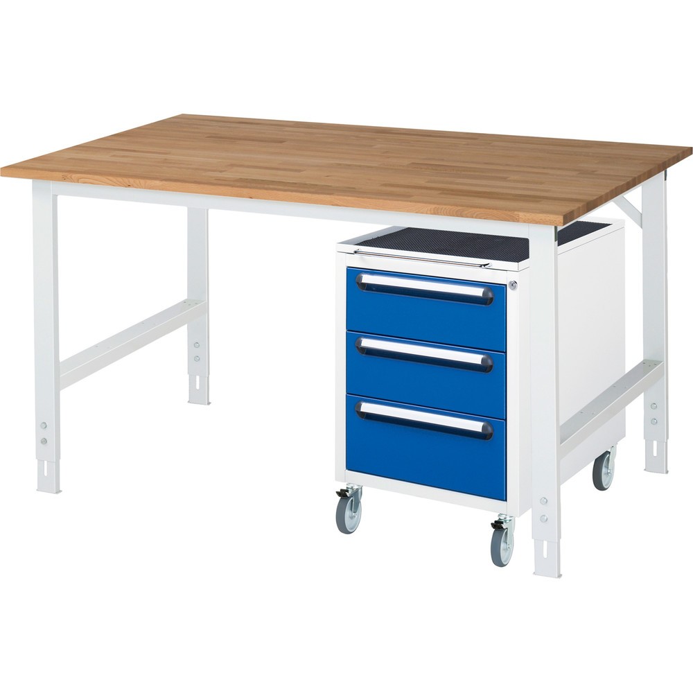 Numéro de l'image du produit 1: RAU Kit d'atelier TOM en 2 parties, avec établi, Hxlxp 760-1 080 x 1 500 x 1 000 mm, Plan de travail en hêtre massif, incl. caisson à roulettes avec 3 tiroirs, HxlxP 690 x 480 x 600 mm