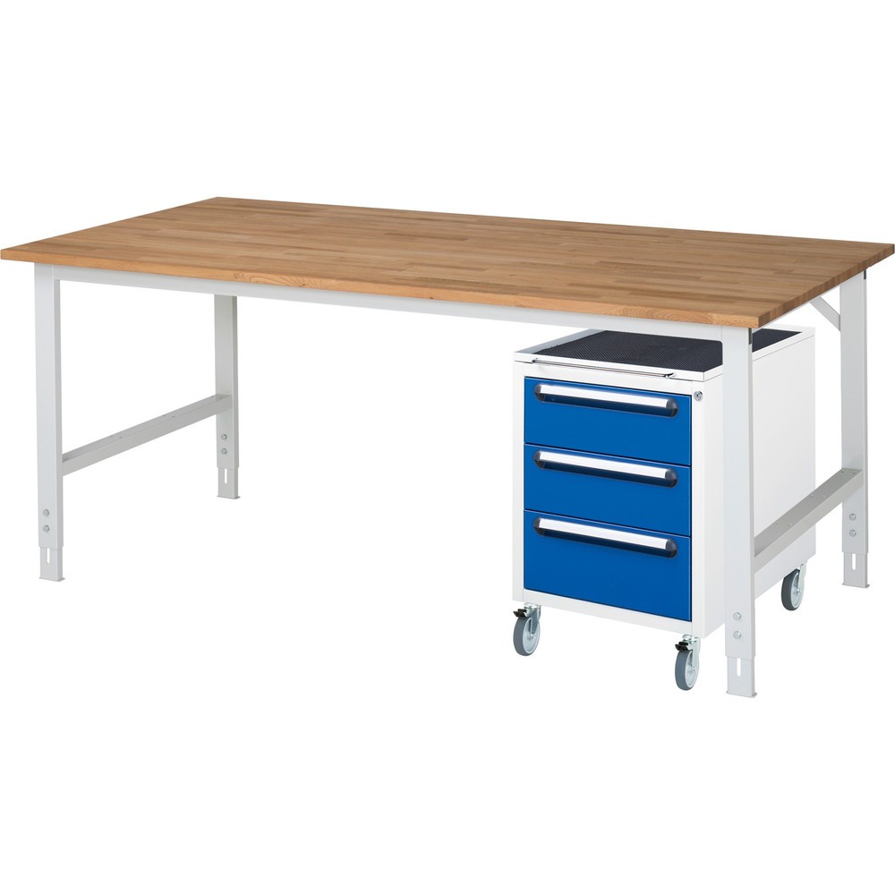 Numéro de l'image du produit 1: RAU Kit d'atelier TOM en 2 parties, avec établi, Hxlxp 760-1 080 x 2 500 x 1 000 mm, Plan de travail en hêtre massif, incl. caisson à roulettes avec 3 tiroirs, HxlxP 690 x 480 x 600 mm