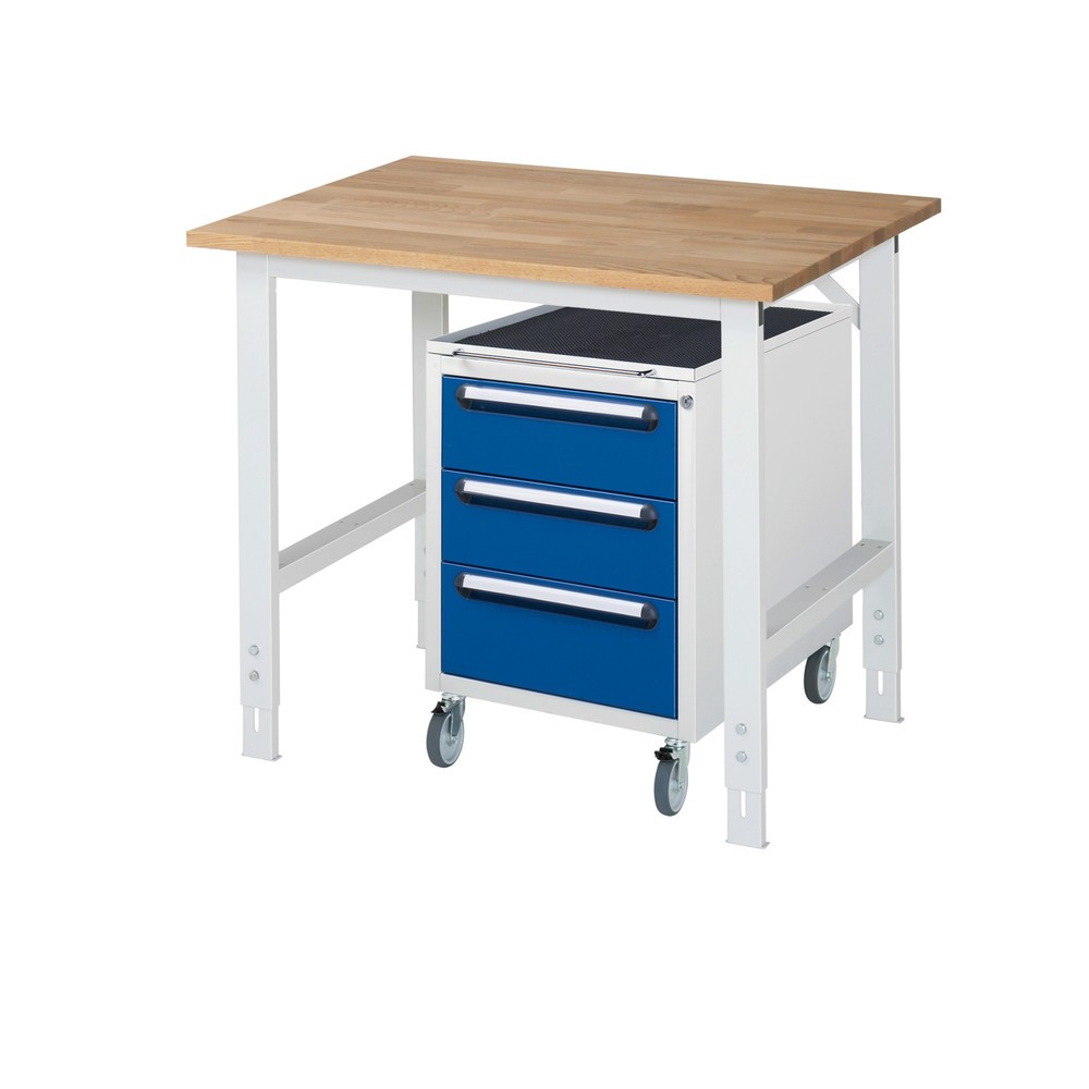 Numéro de l'image du produit 1: RAU Kit d'atelier TOM en 2 parties, avec établi, Hxlxp 760-1 080 x 1 000 x 800 mm, Plan de travail en hêtre massif, incl. caisson à roulettes avec 3 tiroirs, HxlxP 690 x 480 x 600 mm