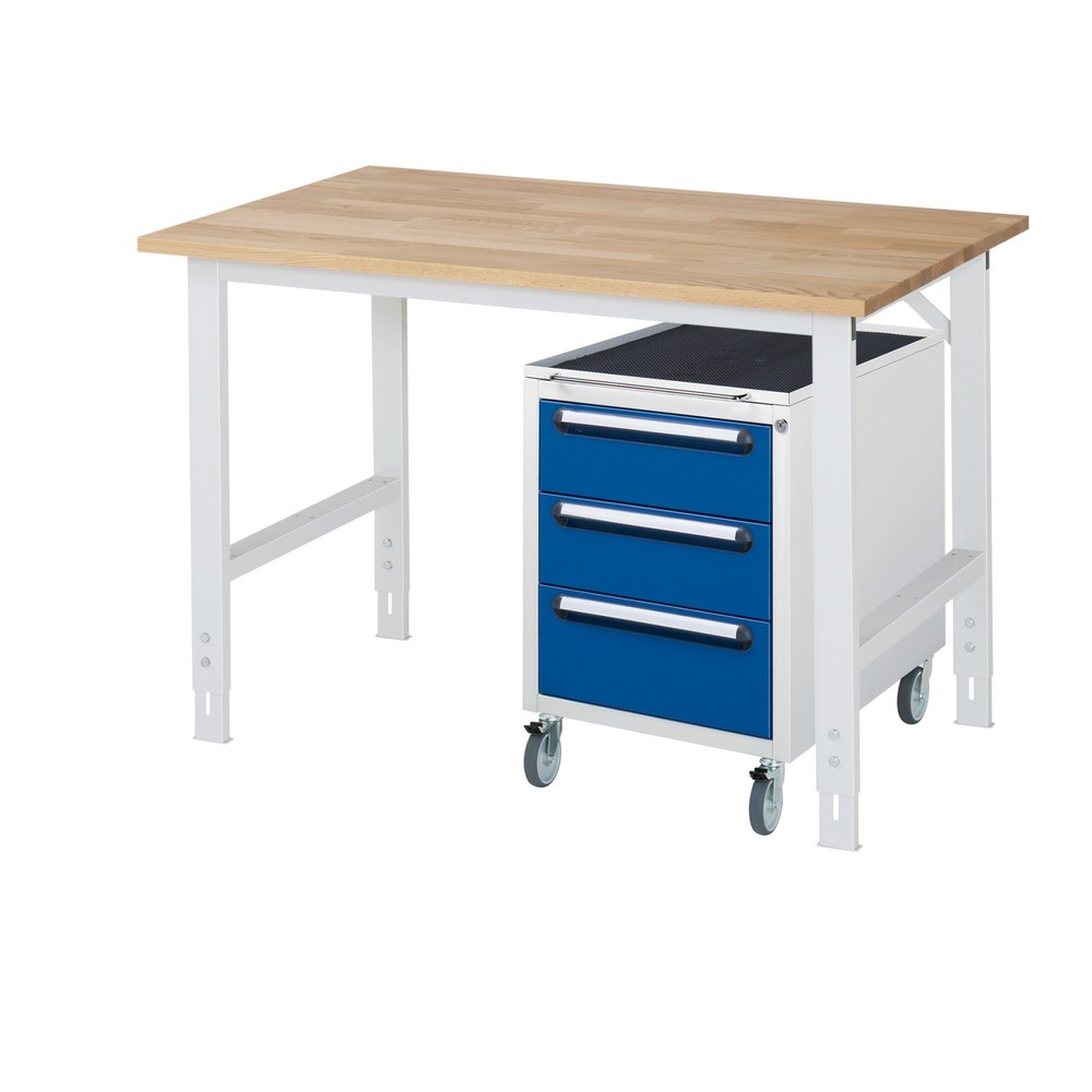 Numéro de l'image du produit 1: RAU Kit d'atelier TOM en 2 parties, avec établi, Hxlxp 760-1 080 x 1 250 x 800 mm, Plan de travail en hêtre massif, incl. caisson à roulettes avec 3 tiroirs, HxlxP 690 x 480 x 600 mm