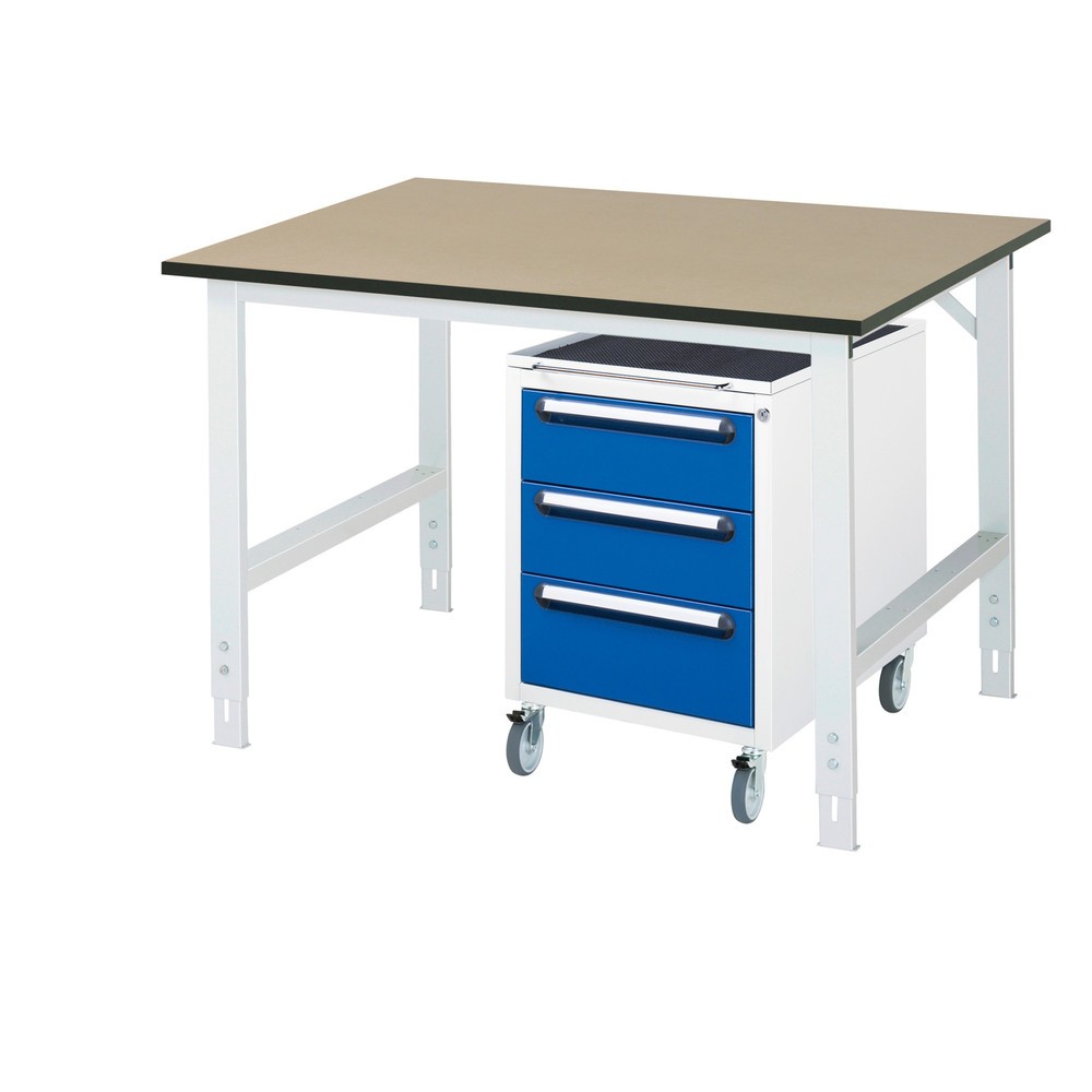 Numéro de l'image du produit 1: RAU Kit d'atelier TOM en 2 parties, avec établi, Hxlxp 760-1 080 x 1 250 x 1 000 mm, Plan de travail en MDF, incl. caisson à roulettes avec 3 tiroirs, HxlxP 690 x 480 x 600 mm