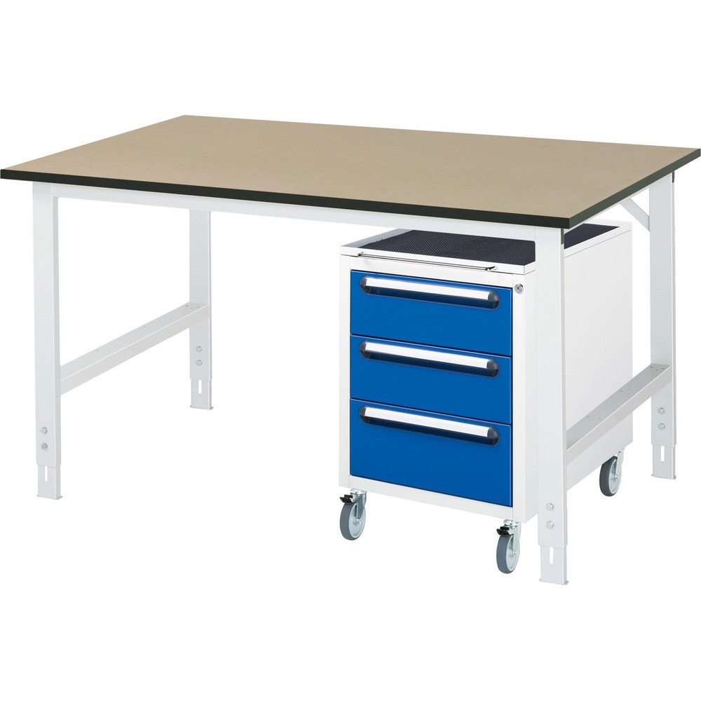Numéro de l'image du produit 1: RAU Kit d'atelier TOM en 2 parties, avec table de travail, HxlxP 760-1 080 x 1 500 x 1 000 mm, plan de travail en MDF, incl. caisson à roulettes avec 3 tiroirs, HxlxP 690 x 480 x 600 mm