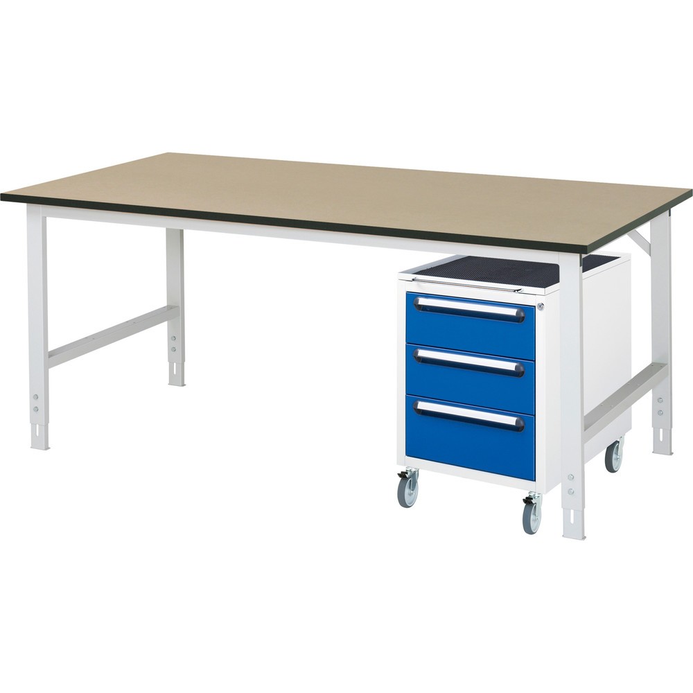 Numéro de l'image du produit 1: RAU Kit d'atelier TOM en 2 parties, avec table de travail, HxlxP 760-1 080 x 2 500 x 1 000 mm, plan de travail en MDF, incl. caisson à roulettes avec 3 tiroirs, HxlxP 690 x 480 x 600 mm