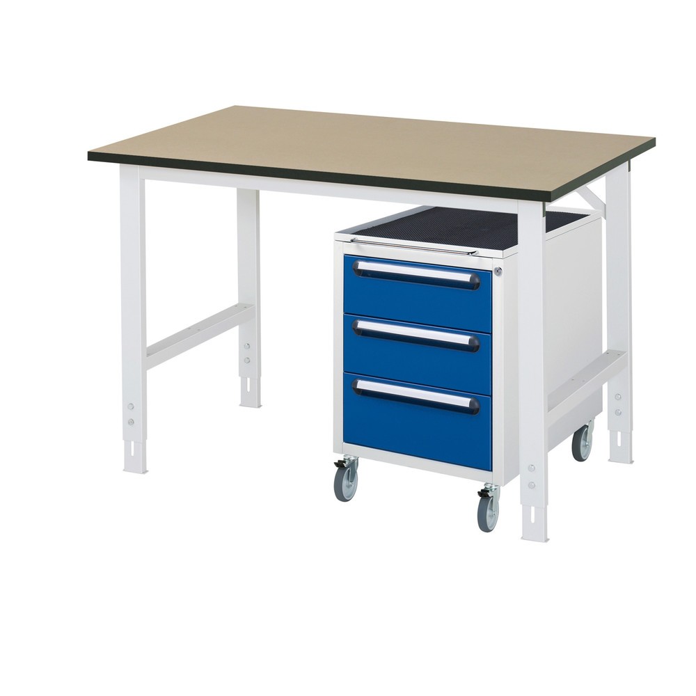 Numéro de l'image du produit 1: RAU Kit d'atelier TOM en 2 parties, avec table de travail, HxlxP 760-1 080 x 1 250 x 800 mm, plan de travail en MDF, incl. caisson à roulettes avec 3 tiroirs, HxlxP 690 x 480 x 600 mm