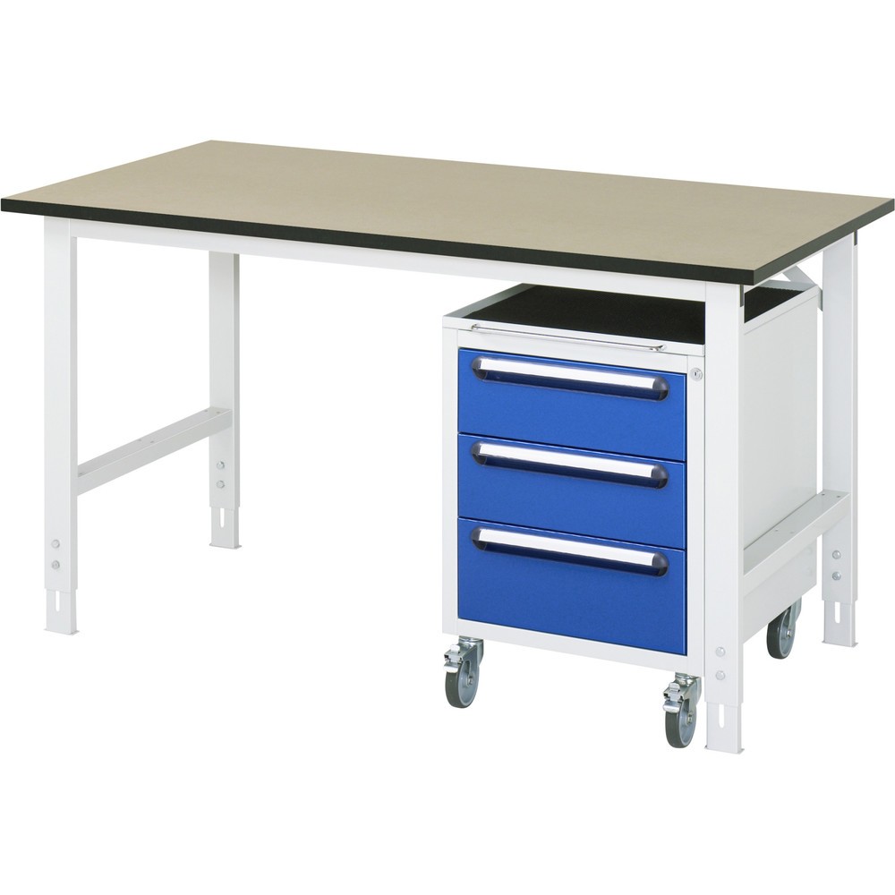 Numéro de l'image du produit 1: RAU Kit d'atelier TOM en 2 parties, avec table de travail, HxlxP 760-1 080 x 1 500 x 800 mm, plan de travail en MDF, incl. caisson à roulettes avec 3 tiroirs, HxlxP 690 x 480 x 600 mm