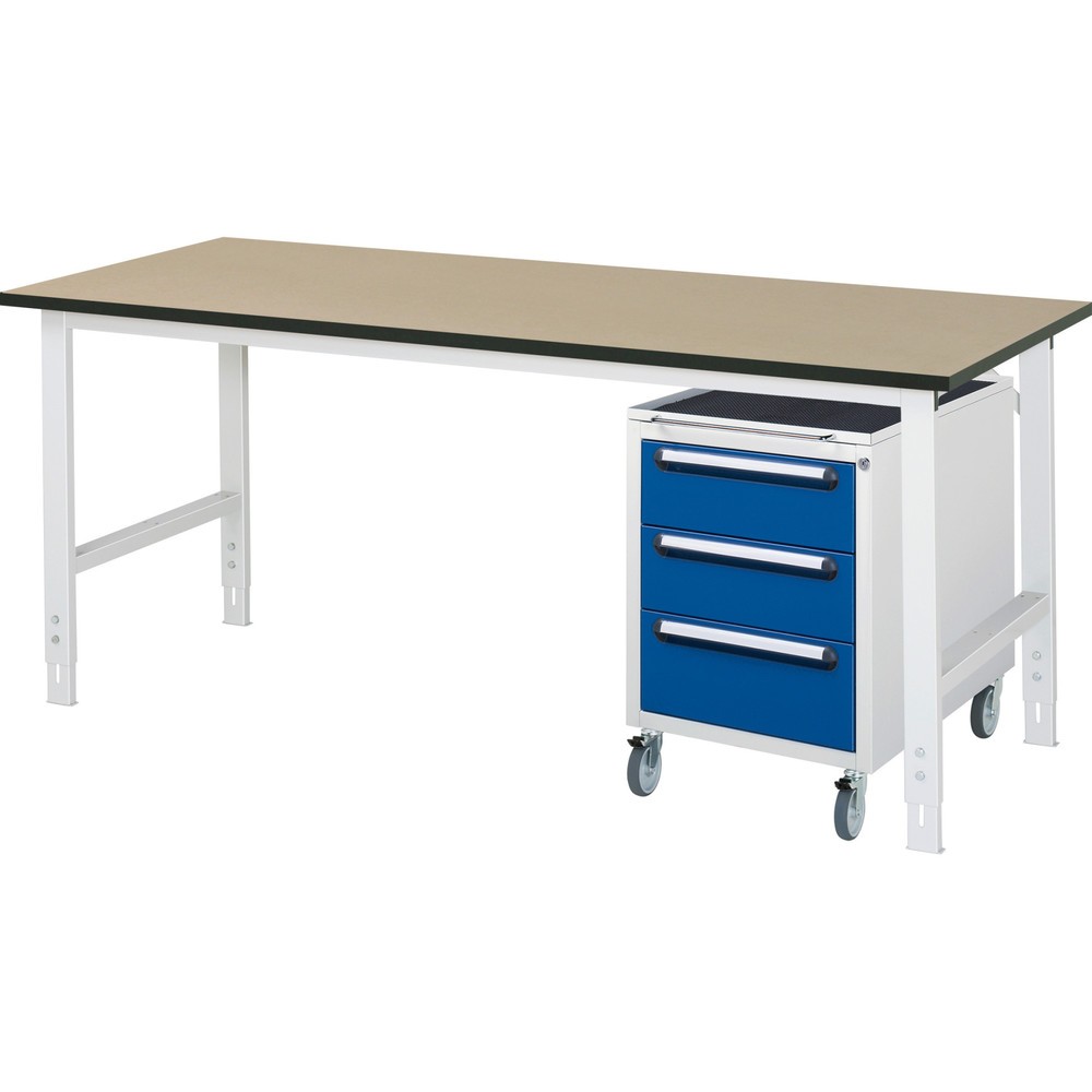 Numéro de l'image du produit 1: RAU Kit d'atelier TOM en 2 parties, avec table de travail, HxlxP 760-1 080 x 2 500 x 800 mm, plan de travail en MDF, incl. caisson à roulettes avec 3 tiroirs, HxlxP 690 x 480 x 600 mm