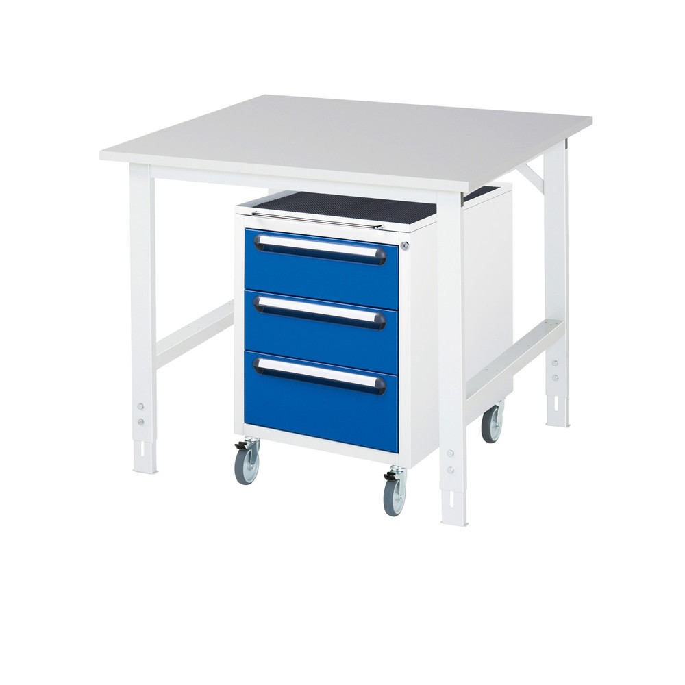 Numéro de l'image du produit 1: RAU Kit d'atelier TOM en 2 parties, avec table de travail, HxlxP 760-1 080 x 1 000 x 1 000 mm, plan de travail en mélamine, plus caisson à roulettes avec 3 tiroirs, HxlxP 690 x 480 x 600 mm