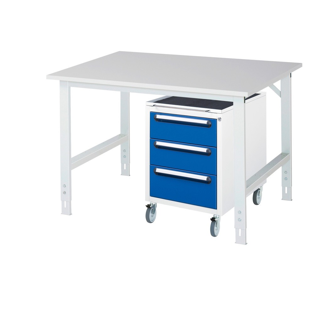 Numéro de l'image du produit 1: RAU Kit d'atelier TOM en 2 parties, avec table de travail, HxlxP 760-1 080 x 1 250 x 1 000 mm, plan de travail en mélamine, plus caisson à roulettes avec 3 tiroirs, HxlxP 690 x 480 x 600 mm