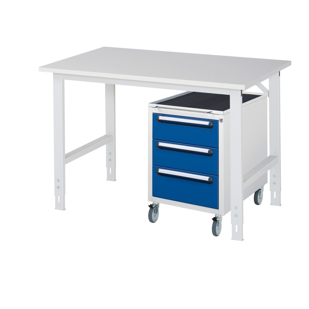 Numéro de l'image du produit 1: RAU Kit d'atelier TOM en 2 parties, avec table de travail, HxlxP 760-1 080 x 1 250 x 800 mm, plan de travail avec revêtement en mélamine, plus caisson à roulettes avec 3 tiroirs, HxlxP 690 x 480 x 600 mm