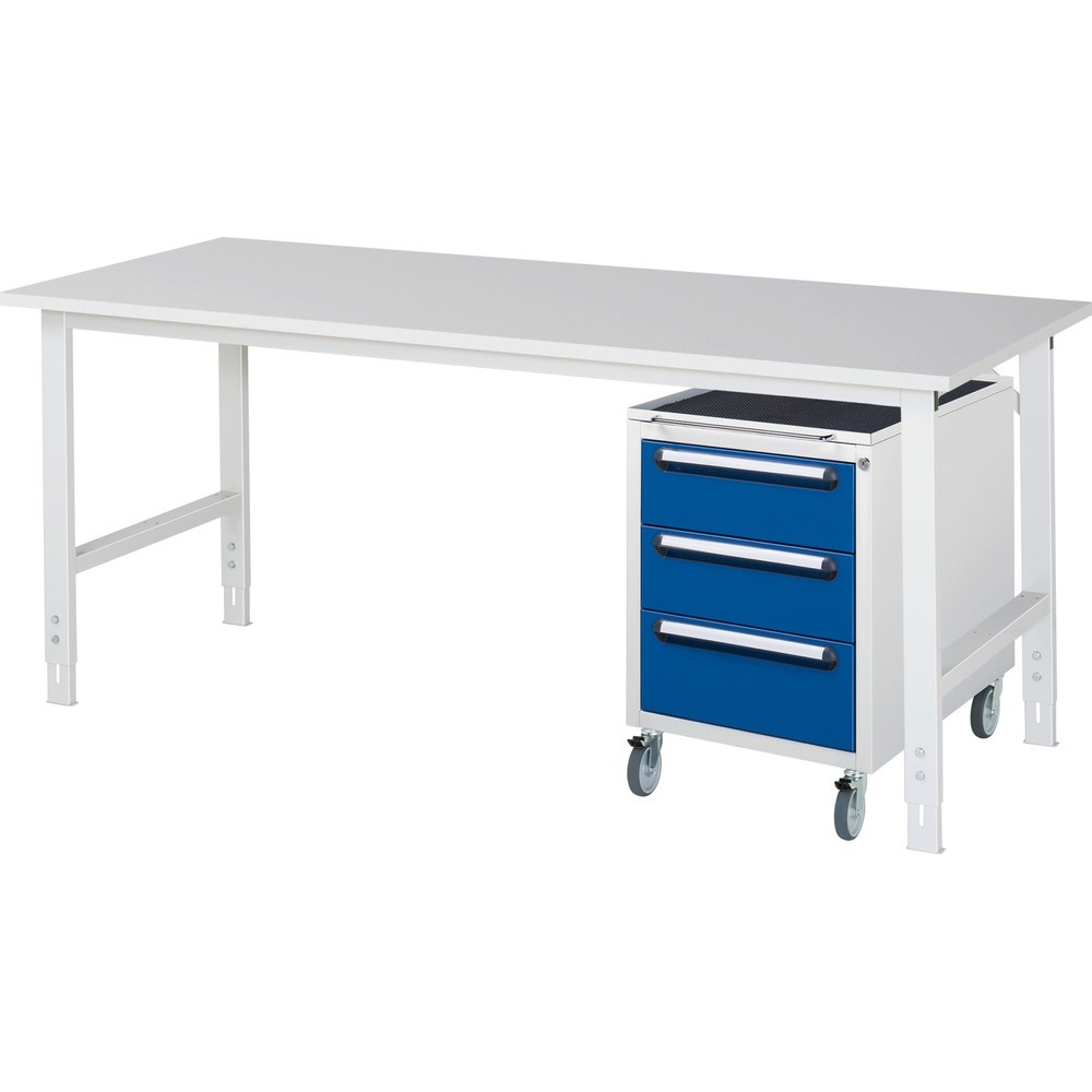 N° de l'image du produit 1 : RAU Kit d'atelier TOM en 2 parties, avec table de travail, HxlxP 760-1 080 x 2 500 x 800 mm, plan de travail avec revêtement en mélamine, plus caisson à roulettes avec 3 tiroirs, HxlxP 690 x 480 x 600 mm