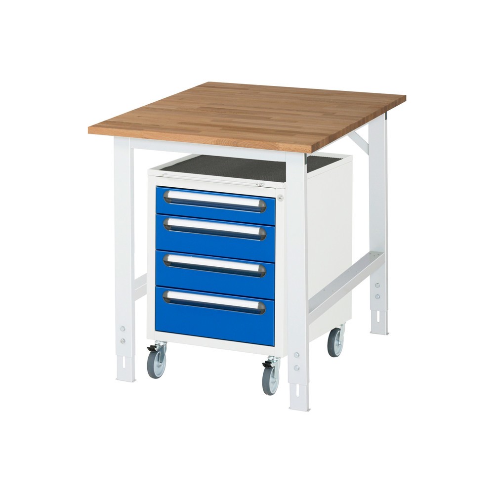 Numéro de l'image du produit 1: RAU Kit d'atelier TOM en 2 parties, avec établi, Hxlxp 760-1 080 x 750 x 1 000 mm, Plan de travail en hêtre massif, incl. caisson à roulettes avec 3 tiroirs, HxlxP 690 x 480 x 600 mm