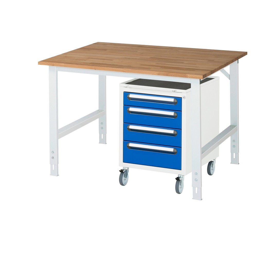 Numéro de l'image du produit 1: RAU Kit d'atelier TOM en 2 parties, avec établi, Hxlxp 760-1 080 x 1 250 x 1 000 mm, Plan de travail en hêtre massif, incl. caisson à roulettes avec 3 tiroirs, HxlxP 690 x 480 x 600 mm