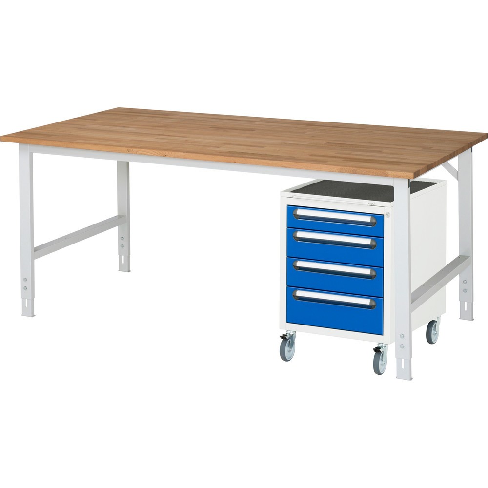 Numéro de l'image du produit 1: RAU Kit d'atelier TOM en 2 parties, avec établi, Hxlxp 760-1 080 x 2 500 x 1 000 mm, Plan de travail en hêtre massif, incl. caisson à roulettes avec 3 tiroirs, HxlxP 690 x 480 x 600 mm