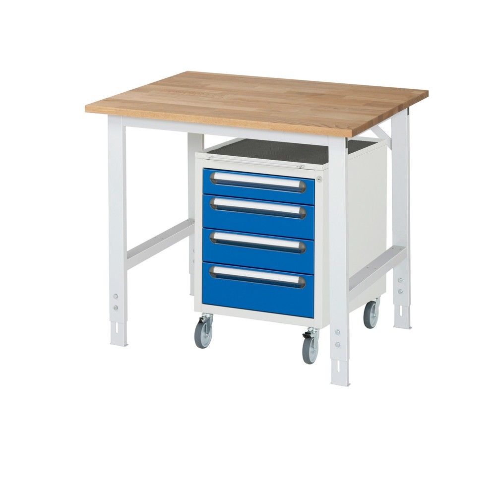 Numéro de l'image du produit 1: RAU Kit d'atelier TOM en 2 parties, avec établi, Hxlxp 760-1 080 x 1 000 x 800 mm, Plan de travail en hêtre massif, incl. caisson à roulettes avec 3 tiroirs, HxlxP 690 x 480 x 600 mm