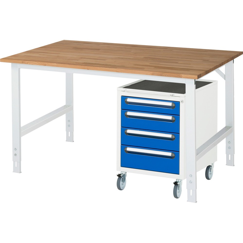 Numéro de l'image du produit 1: RAU Kit d'atelier TOM en 2 parties, avec établi, Hxlxp 760-1 080 x 1 500 x 800 mm, Plan de travail en hêtre massif, incl. caisson à roulettes avec 3 tiroirs, HxlxP 690 x 480 x 600 mm