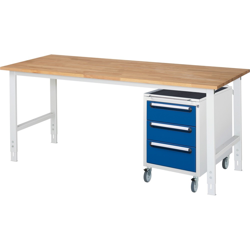 Numéro de l'image du produit 1: RAU Kit d'atelier TOM en 2 parties, avec établi, Hxlxp 760-1 080 x 2 500 x 800 mm, Plan de travail en hêtre massif, incl. caisson à roulettes avec 3 tiroirs, HxlxP 690 x 480 x 600 mm