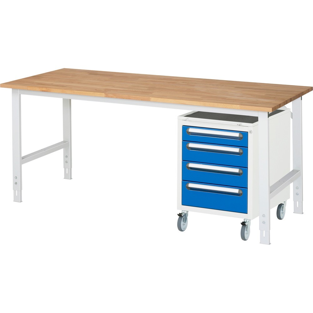 Numéro de l'image du produit 1: RAU Kit d'atelier TOM en 2 parties, avec établi, Hxlxp 760-1 080 x 2 500 x 800 mm, Plan de travail en hêtre massif, incl. caisson à roulettes avec 3 tiroirs, HxlxP 690 x 480 x 600 mm