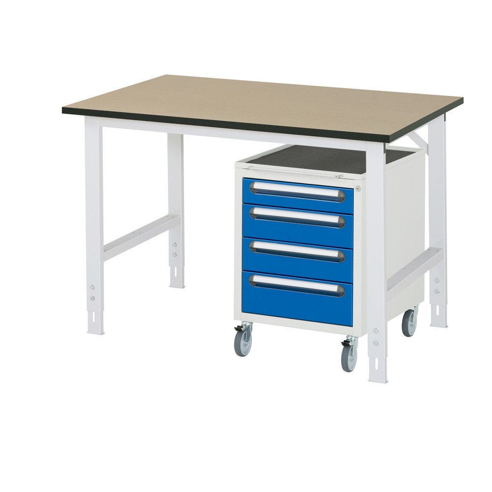 Numéro de l'image du produit 1: RAU Kit d'atelier TOM en 2 parties, avec table de travail, HxlxP 760-1 080 x 1 250 x 800 mm, plan de travail en MDF, incl. caisson à roulettes avec 3 tiroirs, HxlxP 690 x 480 x 600 mm