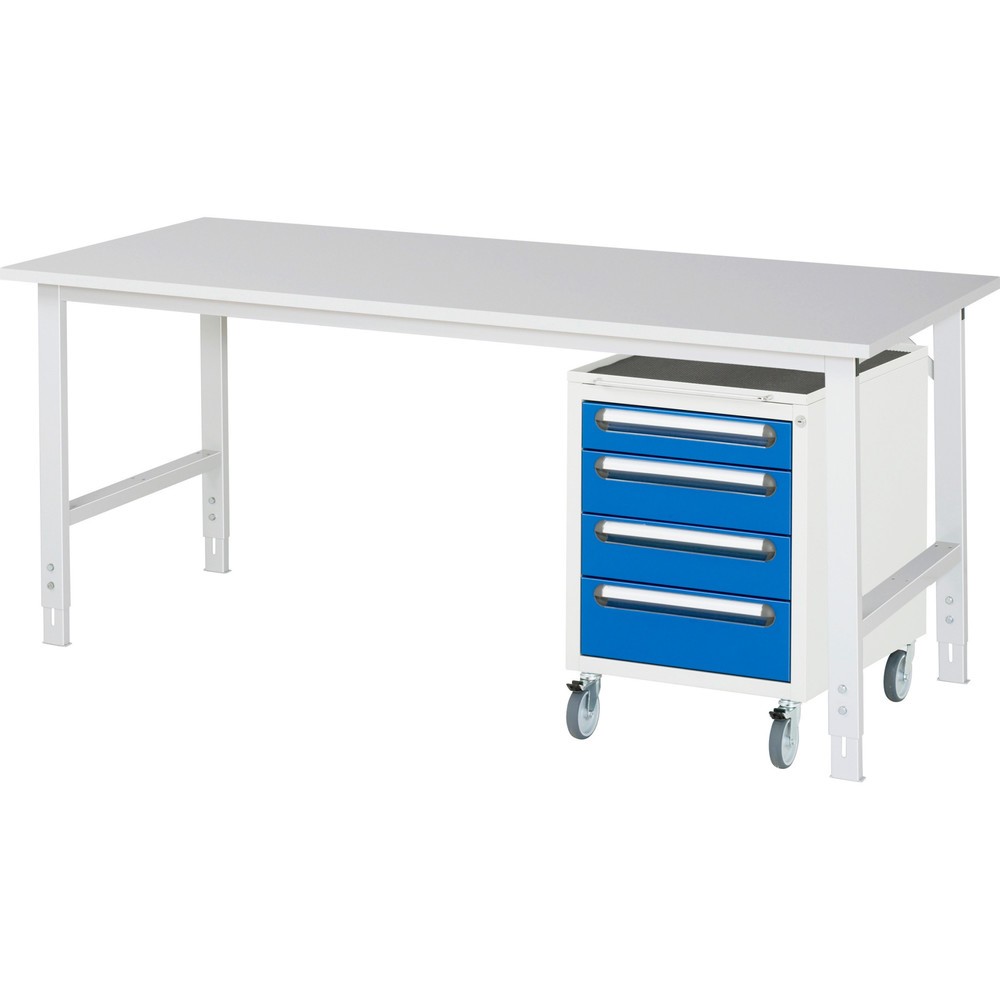 Numéro de l'image du produit 1: RAU Kit d'atelier TOM en 2 parties, avec table de travail, HxlxP 760-1 080 x 2 500 x 800 mm, plan de travail avec revêtement en mélamine, plus caisson à roulettes avec 3 tiroirs, HxlxP 690 x 480 x 600 mm