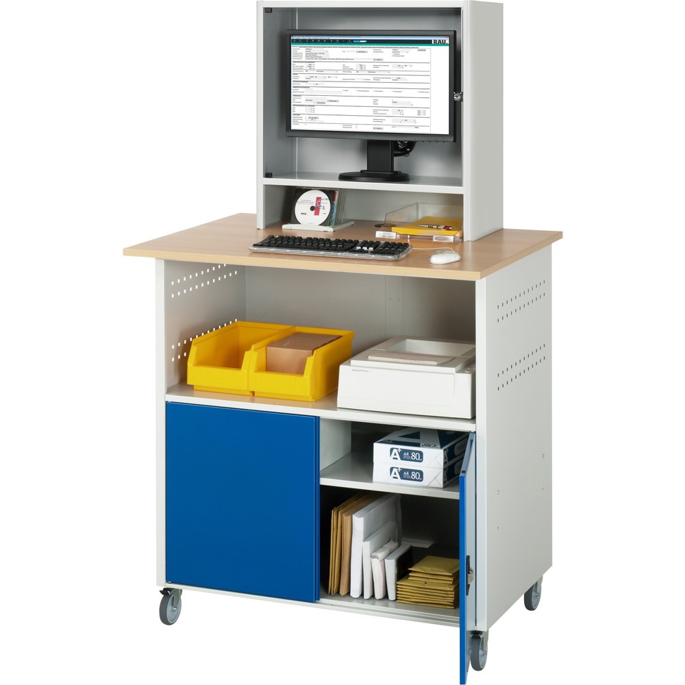 N° de l'image du produit 3 : RAU Poste informatique HxlxP 1 860 x 1 100 x 800 mm, plan de travail décor hêtre, avec 2 portes battantes et casier pour l’écran