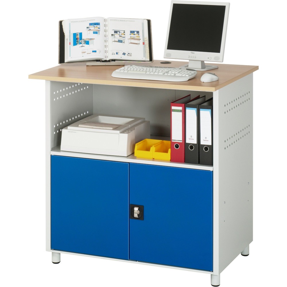 Numéro de l'image du produit 2: RAU Poste informatique HxlxP 1 100 x 1 100 x 800 mm, plan de travail décor hêtre, avec 2 portes battantes et bloc multiprises