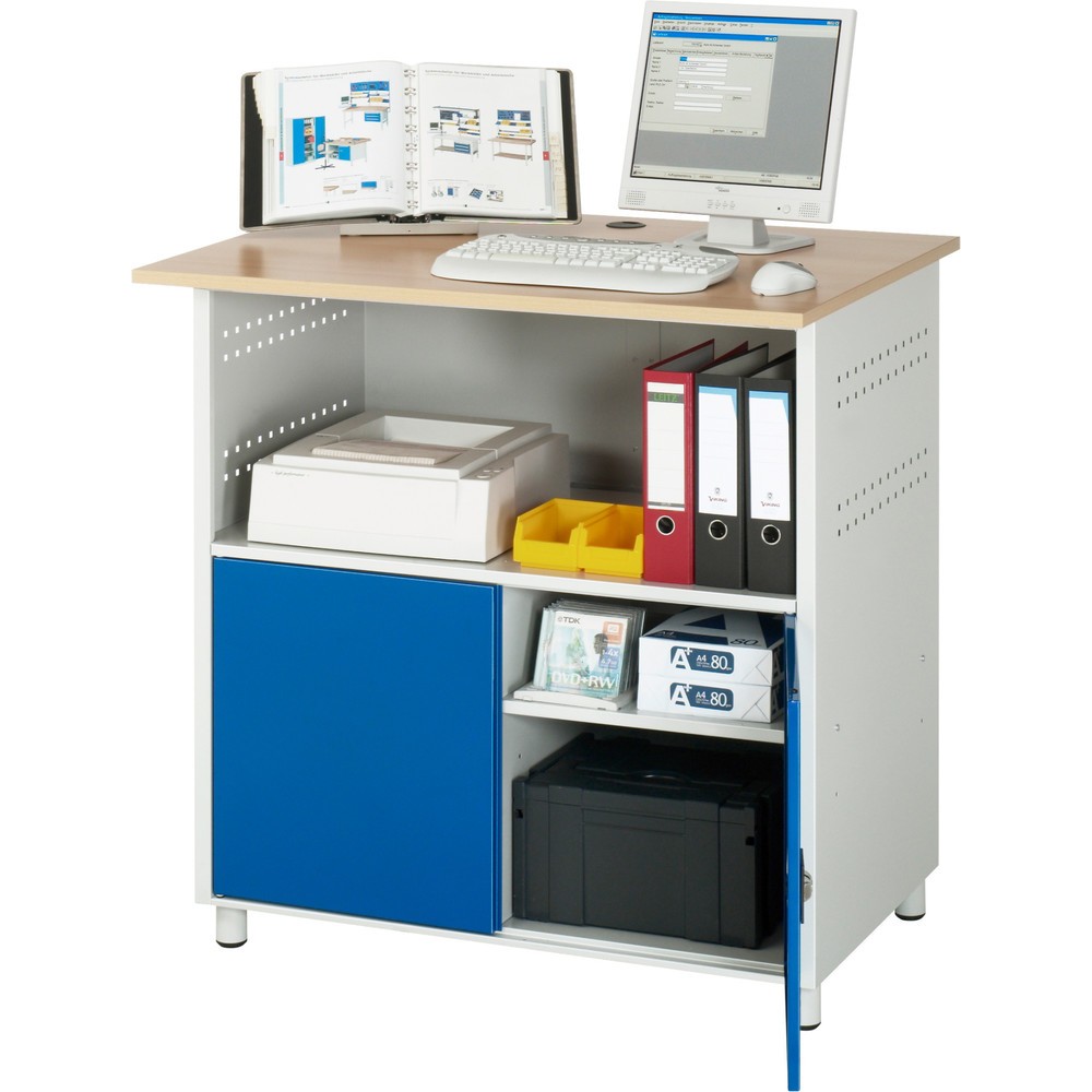 Numéro de l'image du produit 3: RAU Poste informatique HxlxP 1 100 x 1 100 x 800 mm, plan de travail décor hêtre, avec 2 portes battantes et bloc multiprises
